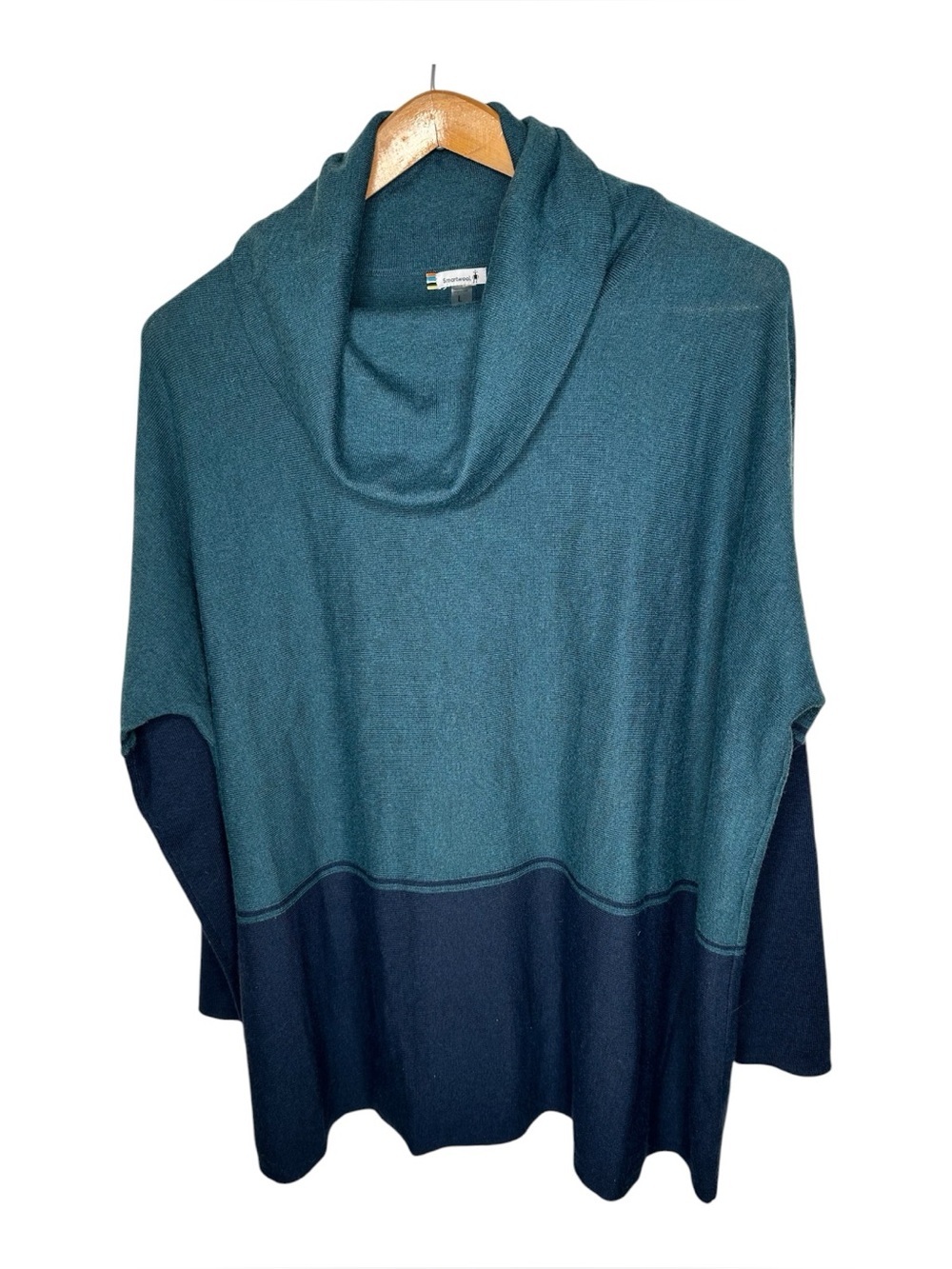 Smartwool Edgewood Poncho Sweater Size Large Cowl Neck Teal Navy Colorblock